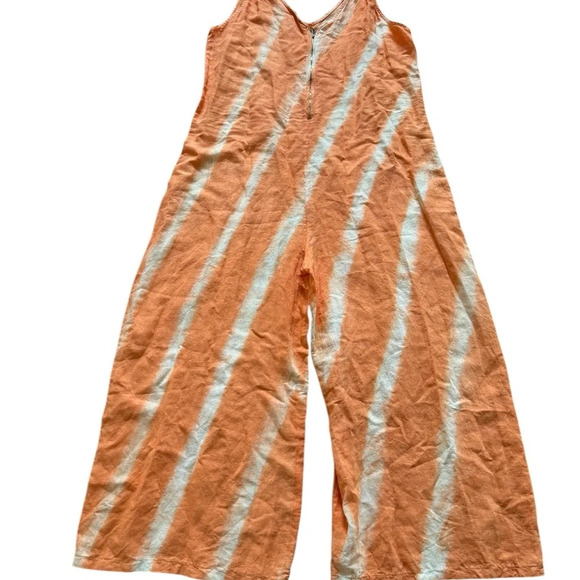 Vasna Striped Linen Jumpsuit Wide Leg Boho Orange White V-neck XL Italy NWT - Picture 3 of 12